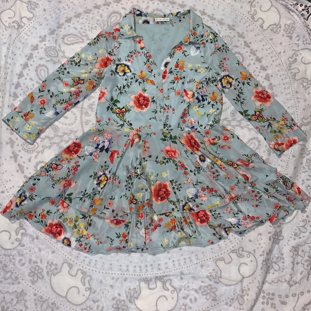 Alice + Olivia Moore Tiere Floral Silk Dress Dusty Aqua Blue Sz 8
